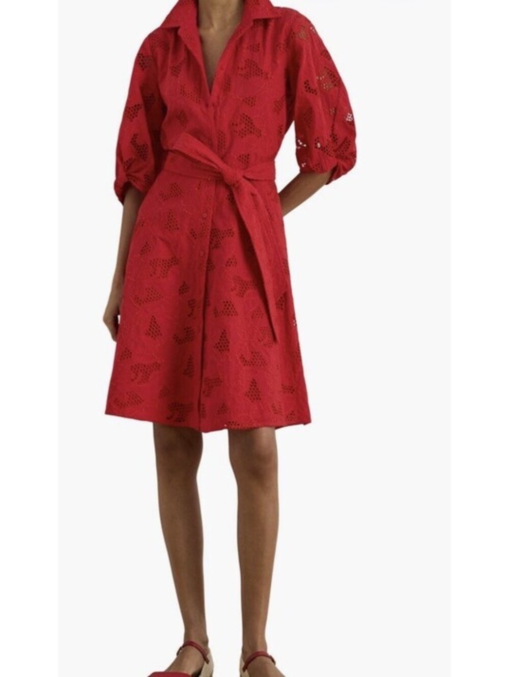 Lauren Ralph Lauren Red Eyelet Voile Balloon-Sleeve Shirtdress Size 14 $255